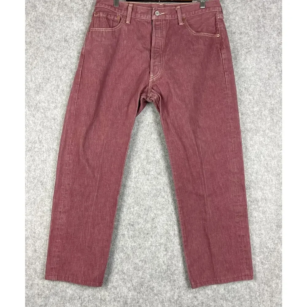 Levis 501 Jeans Mens 34x27 Pink Red Cotton Straight Denim Mid Rise READ